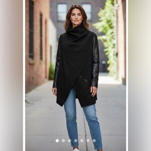 Spanx Faux Leather Drape Front Jacket Black Edgy Motorcycle Gothic Coat XS